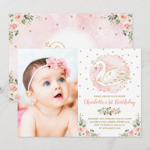Pink Gold Swan Princess Floral Birthday Party Kaart