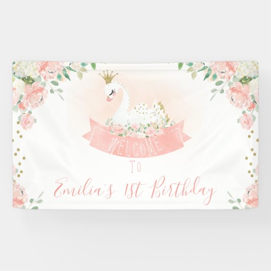 Pink Gold Swan Princess Welcome Birthday Banner (Horizontaal)