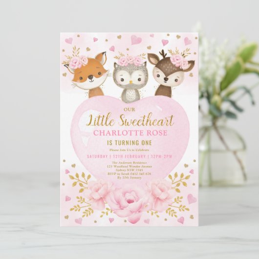 Pink Gold SweeLieverd Woodland Anithday Kaart (Staand voorkant)