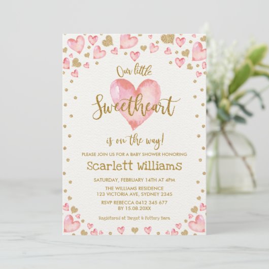 Pink Gold Sweetheart Baby shower Invitation Hearts Kaart (Staand voorkant)