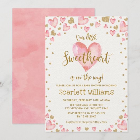 Pink Gold Sweetheart Baby shower Invitation Hearts Kaart (Voorkant / Achterkant)