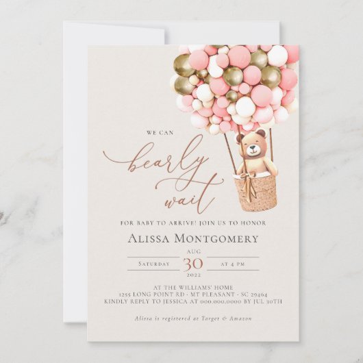 Pink Gold Teddy Bear Balloon Girl Barly Wacht Kaart (Voorkant)