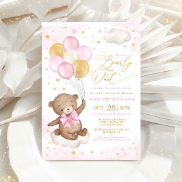 Pink Gold Teddy Bear Balloons Girl Baby shower Inv Kaart