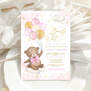 Pink Gold Teddy Bear Balloons Girl Baby shower Inv Kaart