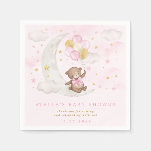 Pink Gold Teddy Bear Balloons Moon Stars Clouds Servet (Voorkant)