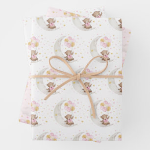 Pink Gold Teddy Bear Balloons Moon Stars Partij Inpakpapier Vel