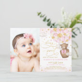 Pink Gold Teddy Bear Hot Air ballon, eerste verjaa Kaart (Staand voorkant)