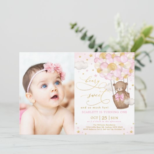 Pink Gold Teddy Bear Hot Air ballon, eerste verjaa Kaart (Staand voorkant)
