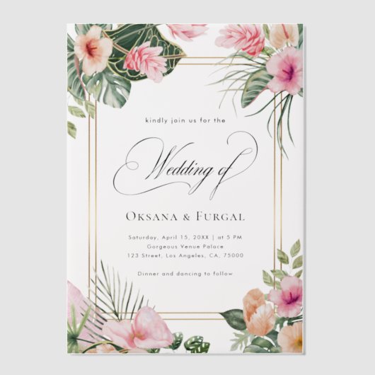 Pink Gold Tropical Beach Destination Wedding Vellum Uitnodigingen (Voorkant)