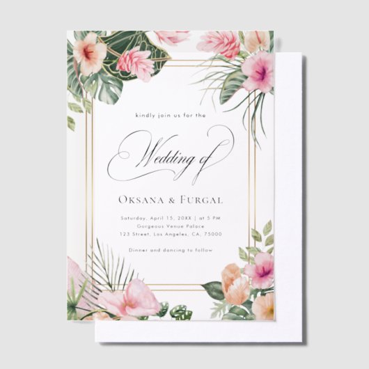 Pink Gold Tropical Beach Destination Wedding Vellum Uitnodigingen (Offset)