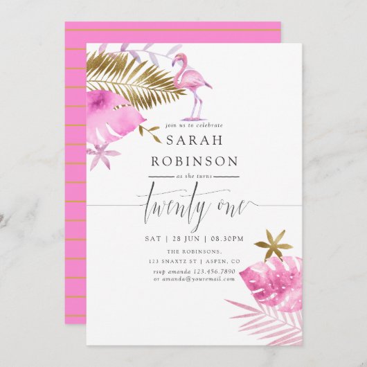Pink & Gold Tropical Flamingo 21st Birthday Party Kaart (Voorkant / Achterkant)