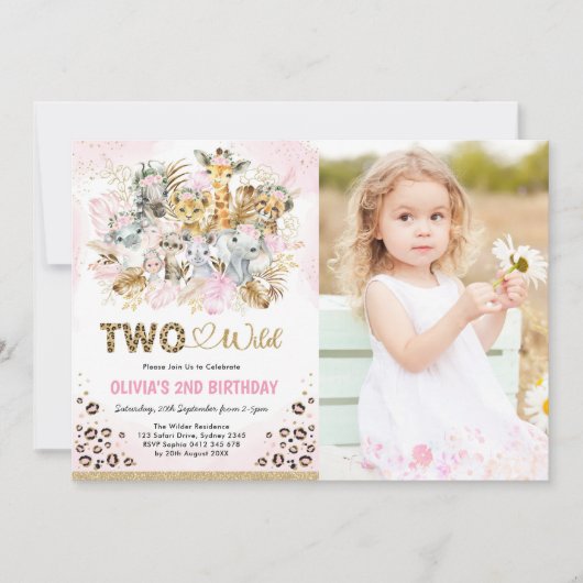 Pink Gold Tropical Safari Twee Wilde Foto Birthday Kaart (Voorkant)