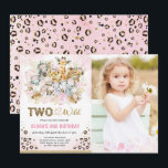 Pink Gold Tropical Safari Twee Wilde Foto Birthday Kaart<br><div class="desc">Safari,  tweede verjaardag,  met tropische roze en gouden waterverf bladeren en een groep schattige oerwouden</div>