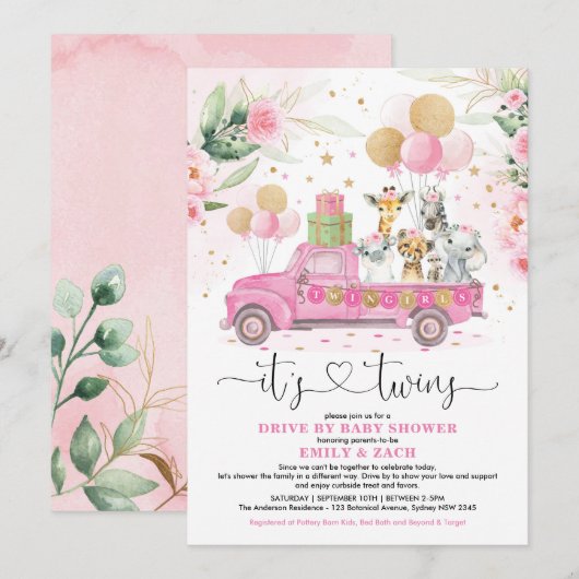 Pink Gold Twin Girls Safari rijden per Baby shower Kaart (Voorkant / Achterkant)