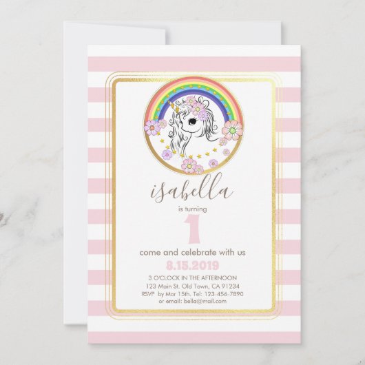 Pink Gold Unicorn eerste verjaardag Uitnodiging (Voorkant)