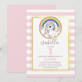 Pink Gold Unicorn eerste verjaardag Uitnodiging (Voorkant / Achterkant)