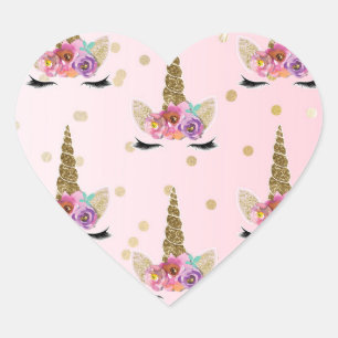 Pink & Gold Unicorn Floral Horn Birthday Party Hart Sticker