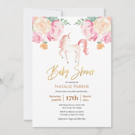 Pink Gold Unicorn Floral Waterverf Baby shower Kaart (Voorkant)