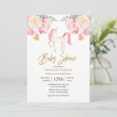 Pink Gold Unicorn Floral Waterverf Baby shower Kaart (Staand voorkant)