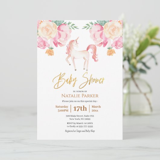 Pink Gold Unicorn Floral Waterverf Baby shower Kaart (Staand voorkant)