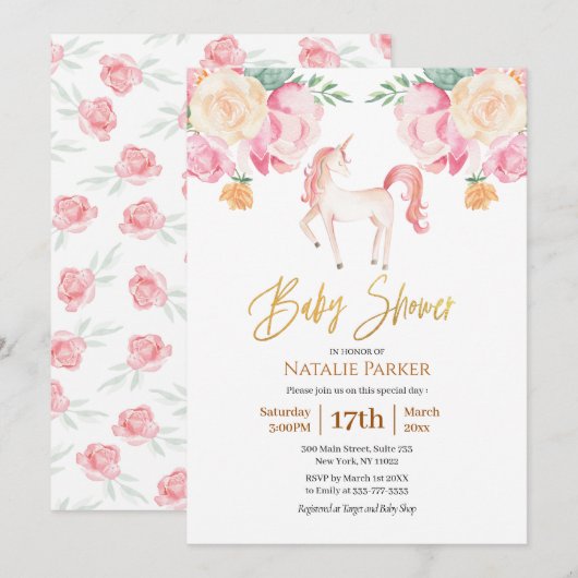 Pink Gold Unicorn Floral Waterverf Baby shower Kaart (Voorkant / Achterkant)