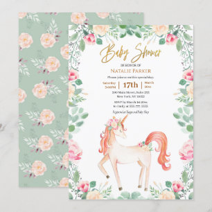 Pink Gold Unicorn Roos Floral Greenery Baby shower Kaart