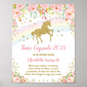 Pink Gold Unicorn Time Capsule First Birthday Sign Poster