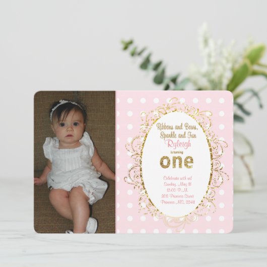 Pink & Gold verjaardagsuitnodigingen | Linten en s Kaart (Staand voorkant)