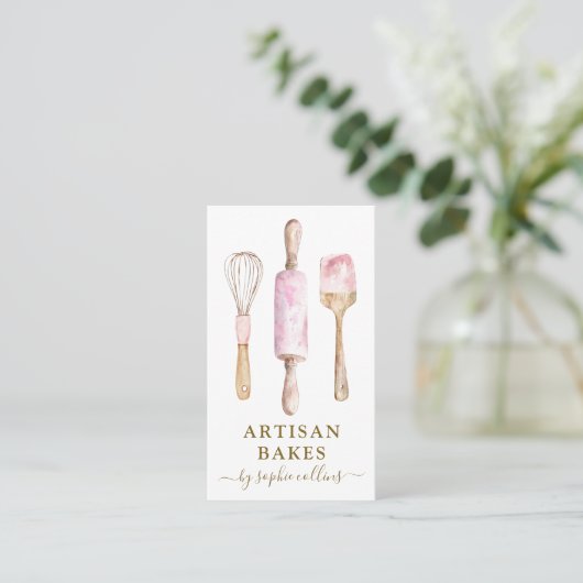 Pink Gold Watercolor Baker Pastry Chef Visitekaartje (Staand voorkant)
