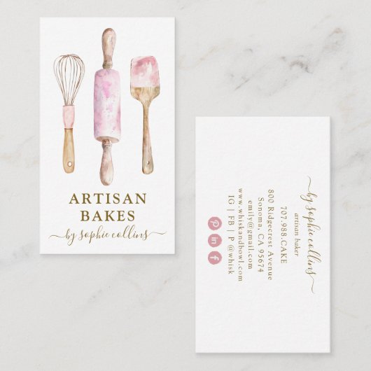 Pink Gold Watercolor Baker Pastry Chef Visitekaartje (Voorkant / Achterkant)