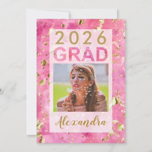 Pink Gold Waterverf Art 2025 Foto Afstuderen Inv Kaart (Voorkant)