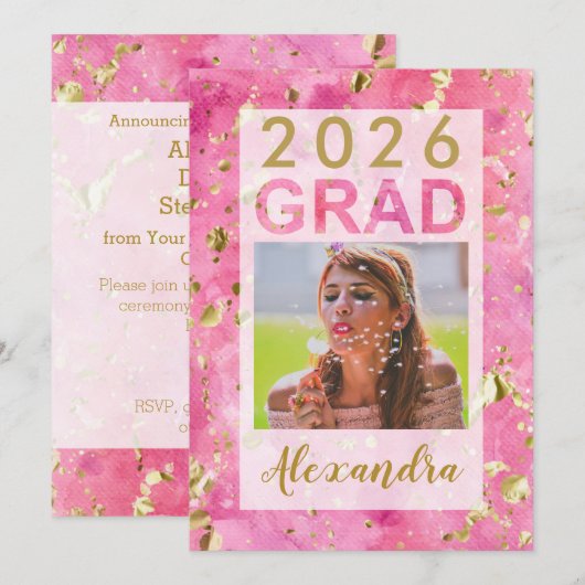 Pink Gold Waterverf Art 2025 Foto Afstuderen Inv Kaart (Voorkant / Achterkant)