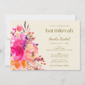 Pink Gold Waterverf Floral Elegant Bat Mitzvah Kaart (Voorkant)
