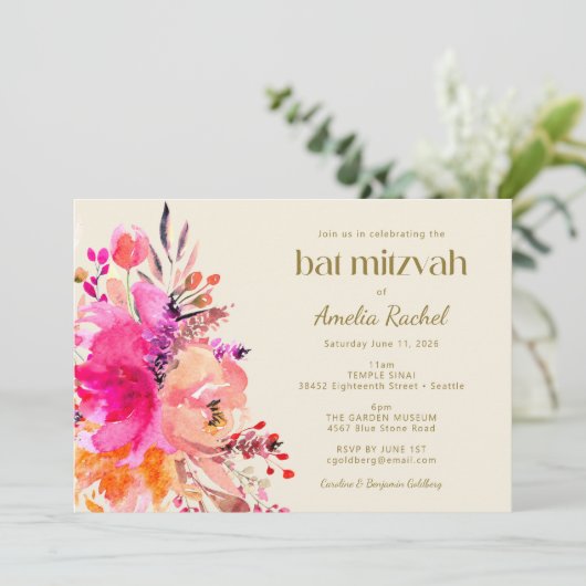 Pink Gold Waterverf Floral Elegant Bat Mitzvah Kaart (Staand voorkant)