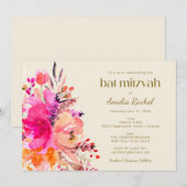 Pink Gold Waterverf Floral Elegant Bat Mitzvah Kaart (Voorkant / Achterkant)