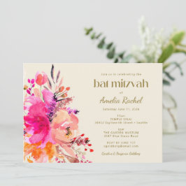 Pink Gold Waterverf Floral Elegant Bat Mitzvah Kaart