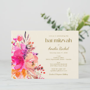 Pink Gold Waterverf Floral Elegant Bat Mitzvah Kaart