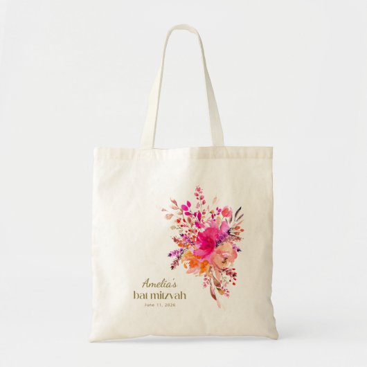 Pink Gold Waterverf Floral Elegant Bat Mitzvah Tote Bag (Voorkant)