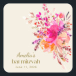 Pink Gold Waterverf Floral Elegant Bat Mitzvah Vierkante Sticker<br><div class="desc">Roze Gouden Waterverf Bloemen Elegante Vleermuis Mitzvah Vierkante Sticker</div>