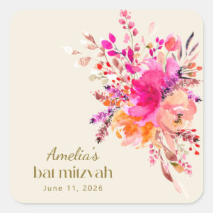 Pink Gold Waterverf Floral Elegant Bat Mitzvah Vierkante Sticker