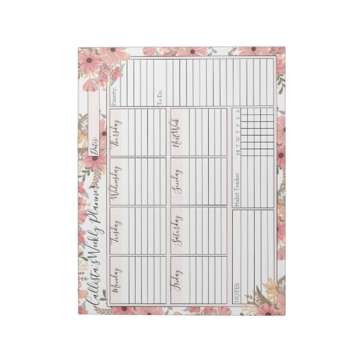Pink Gold Waterverf Floral Weekly Custom Planner Notitieblok (Linkerzijde)