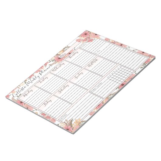 Pink Gold Waterverf Floral Weekly Custom Planner Notitieblok (Schuin)