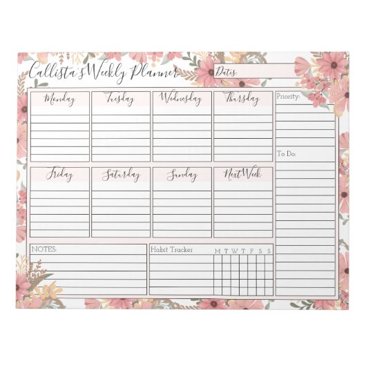 Pink Gold Waterverf Floral Weekly Custom Planner Notitieblok (Voorkant)