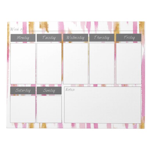 Pink & Gold Waterverf Paint Stripe Weekpatroon Notitieblok (Voorkant)