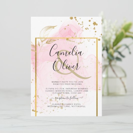 PINK GOLD WEDDING Alcohol Inkt Abstract Kaart (Staand voorkant)