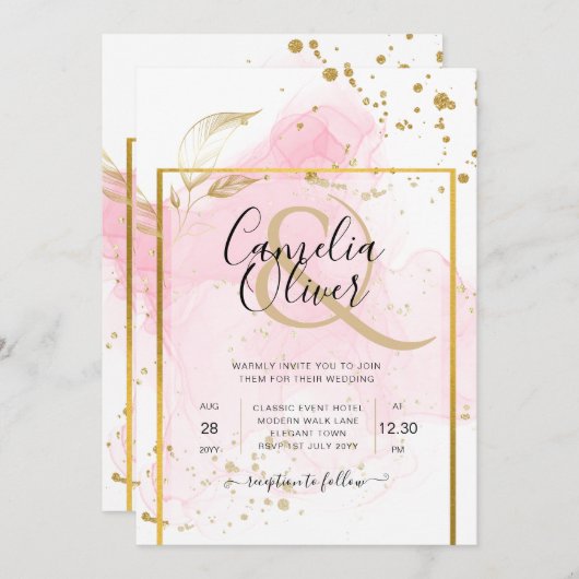 PINK GOLD WEDDING Alcohol Inkt Abstract Kaart (Voorkant / Achterkant)