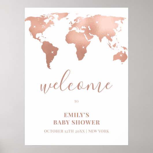 Pink Gold Wereldkaart Adventure Baby shower Welkom Poster (Voorkant)