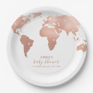 Pink Gold Wereldkaart Travel Adventure Baby shower Papieren Bordje