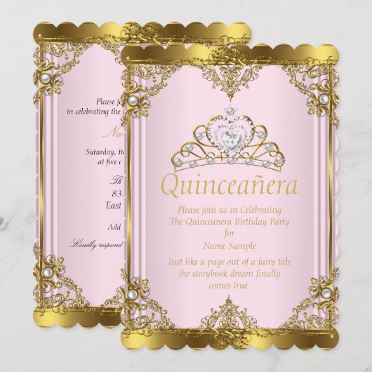 Pink Gold White Pearl Princess Quinceanera 2 Kaart (Voorkant / Achterkant)