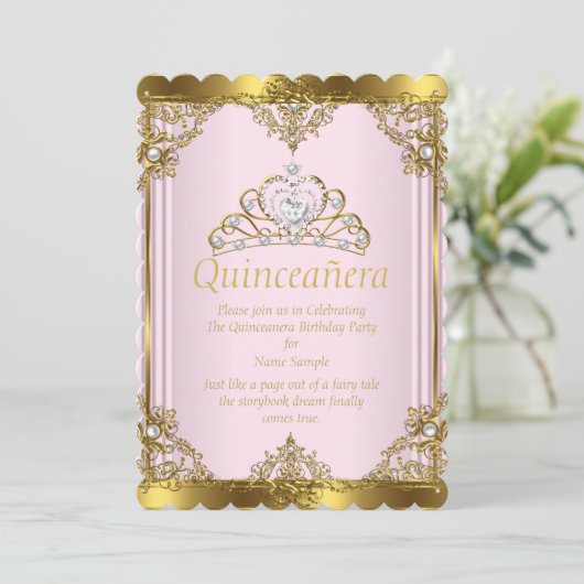 Pink Gold White Pearl Princess Quinceanera 2 Kaart (Staand voorkant)